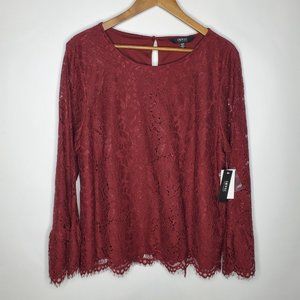 Isaac Mizrahi New York Womens Maroon Lace Blouse Size XL Bell Sleeve Keyhole
